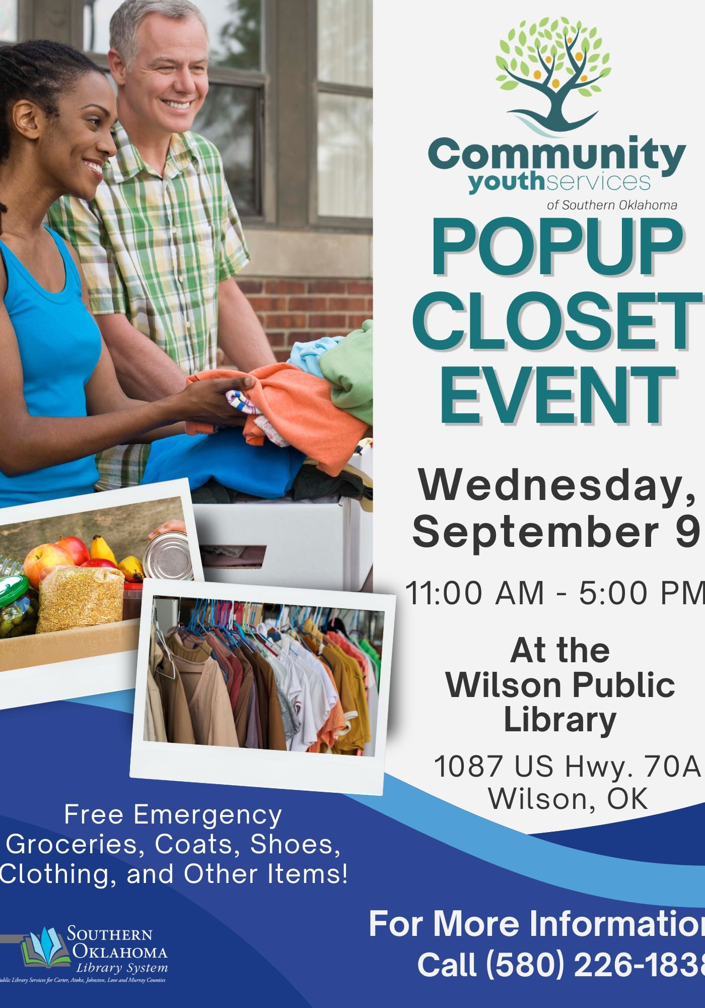 Flyer for Community Youth Services of Southern Oklahoma's Popup Closet Event, Wednesday, September 9, 11 AM–5 PM, at Wilson Public Library, 1087 US Hwy. 70A, Wilson, OK. Offers free emergency groceries, coats, shoes, and clothing. Call (580) 226-1838 for info. Photos show volunteers sorting donations, groceries, and a clothing rack.