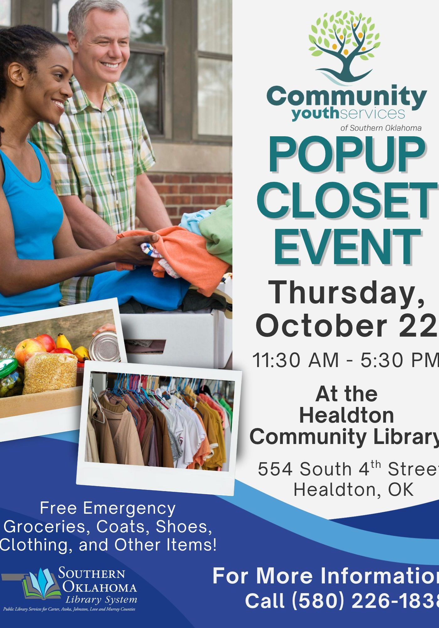 Flyer for a free Popup Closet Event with groceries, coats, shoes, and clothing. Thursday, October 22, 11:30 AM to 5:30 PM at Healdton Community Library, 554 South 4th Street. Call (580) 226-1838. Photos show two people sorting clothes, a box of groceries, and a clothing rack.