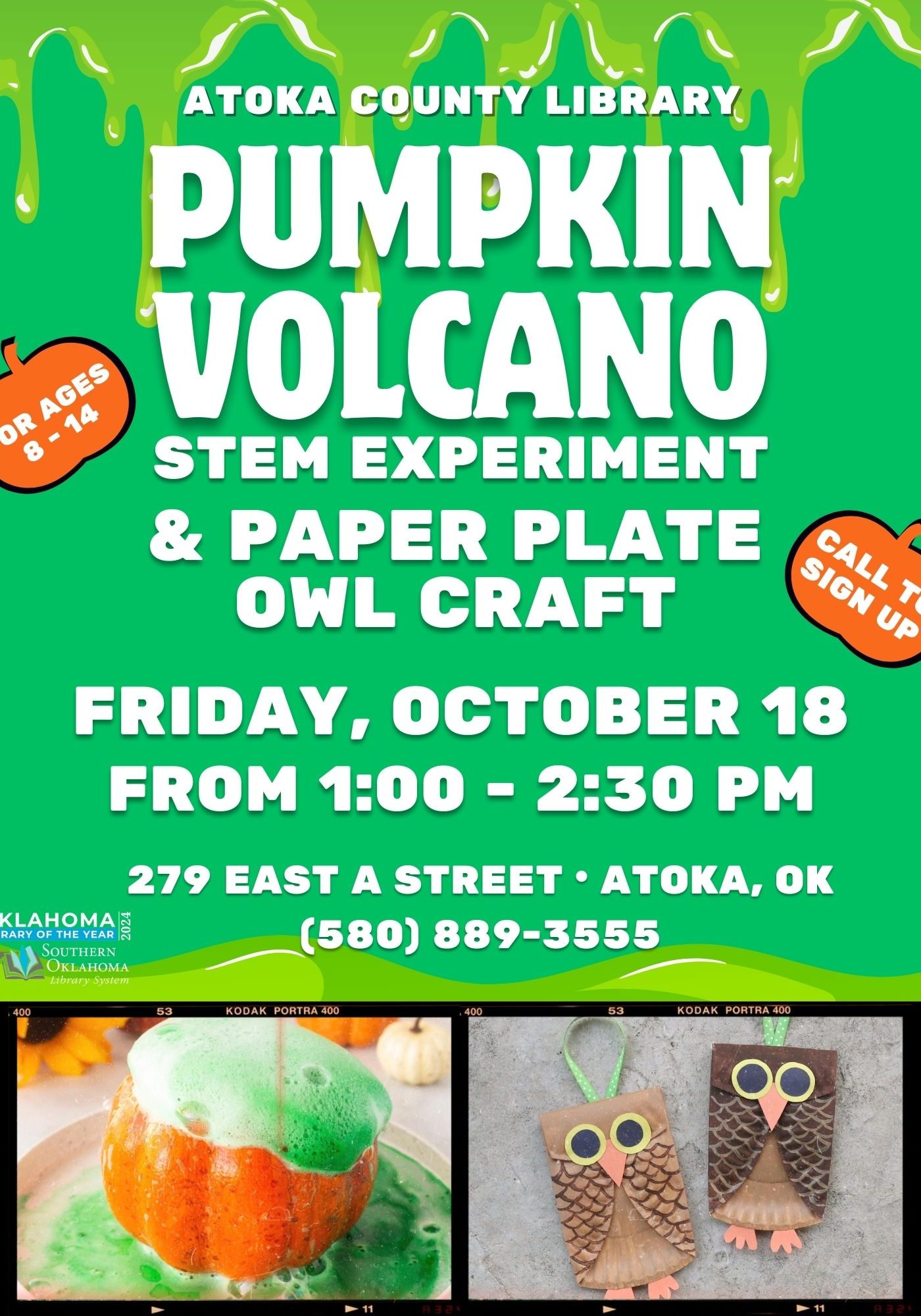 Pumpkin Volcano & Owl Craft ACL Flyer