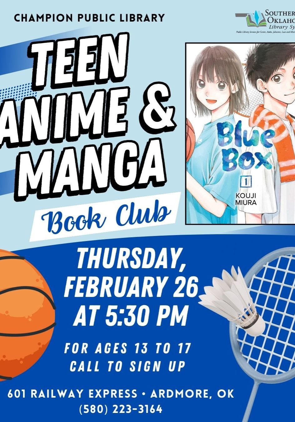 Rescheduled FEB Teen A&M Book Club Blue Box CPL Flyer 2026