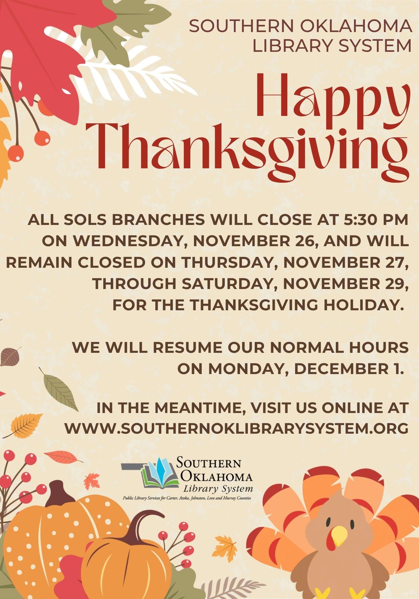 SOLS Thanksgiving Closing Flyer 2025