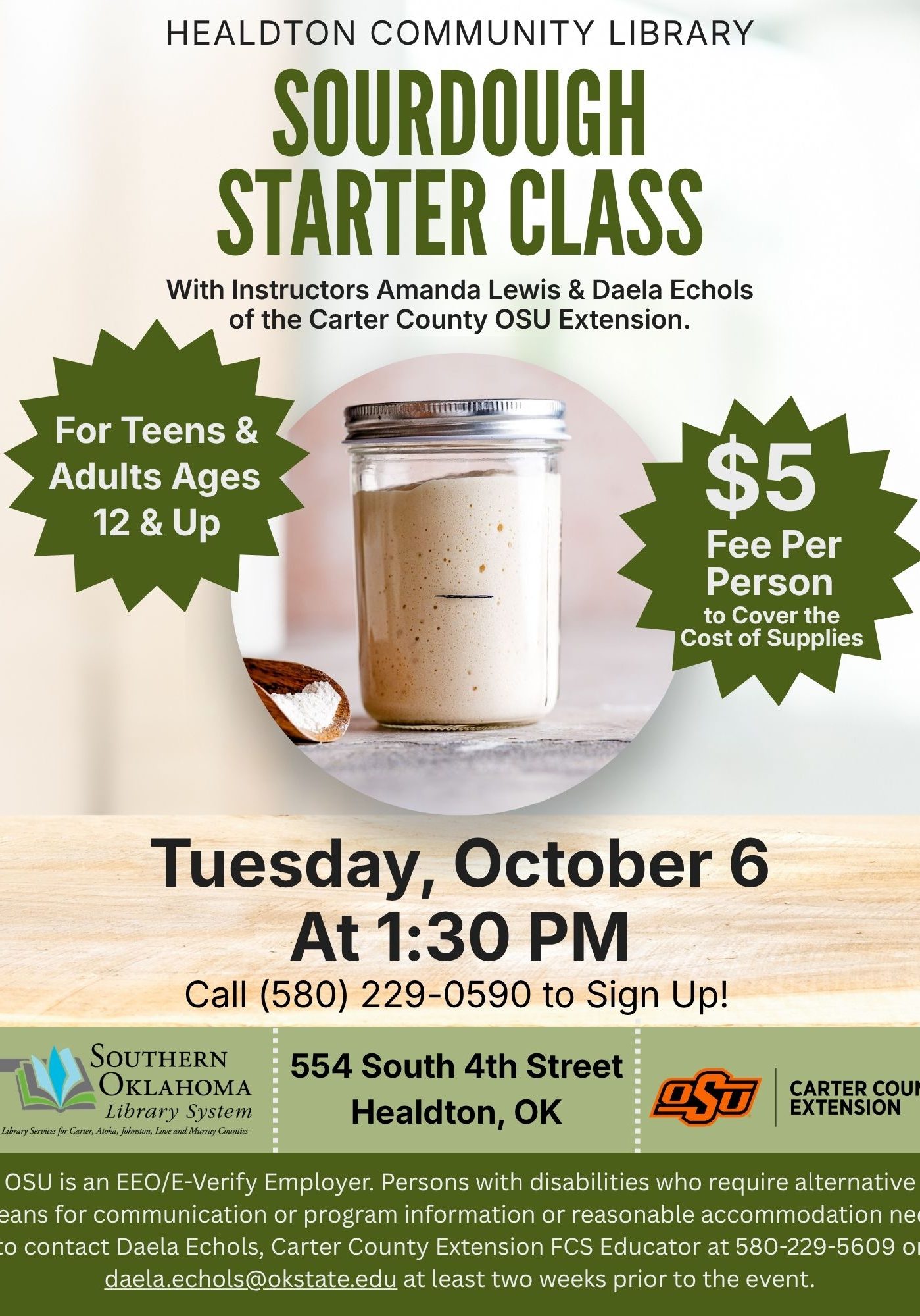 Flyer for a Sourdough Starter Class at Healdton Community Library on Tuesday, October 6 at 1:30 PM, for ages 12 and up. $5 fee per person to cover supplies. Call (580) 229-0590 to sign up.