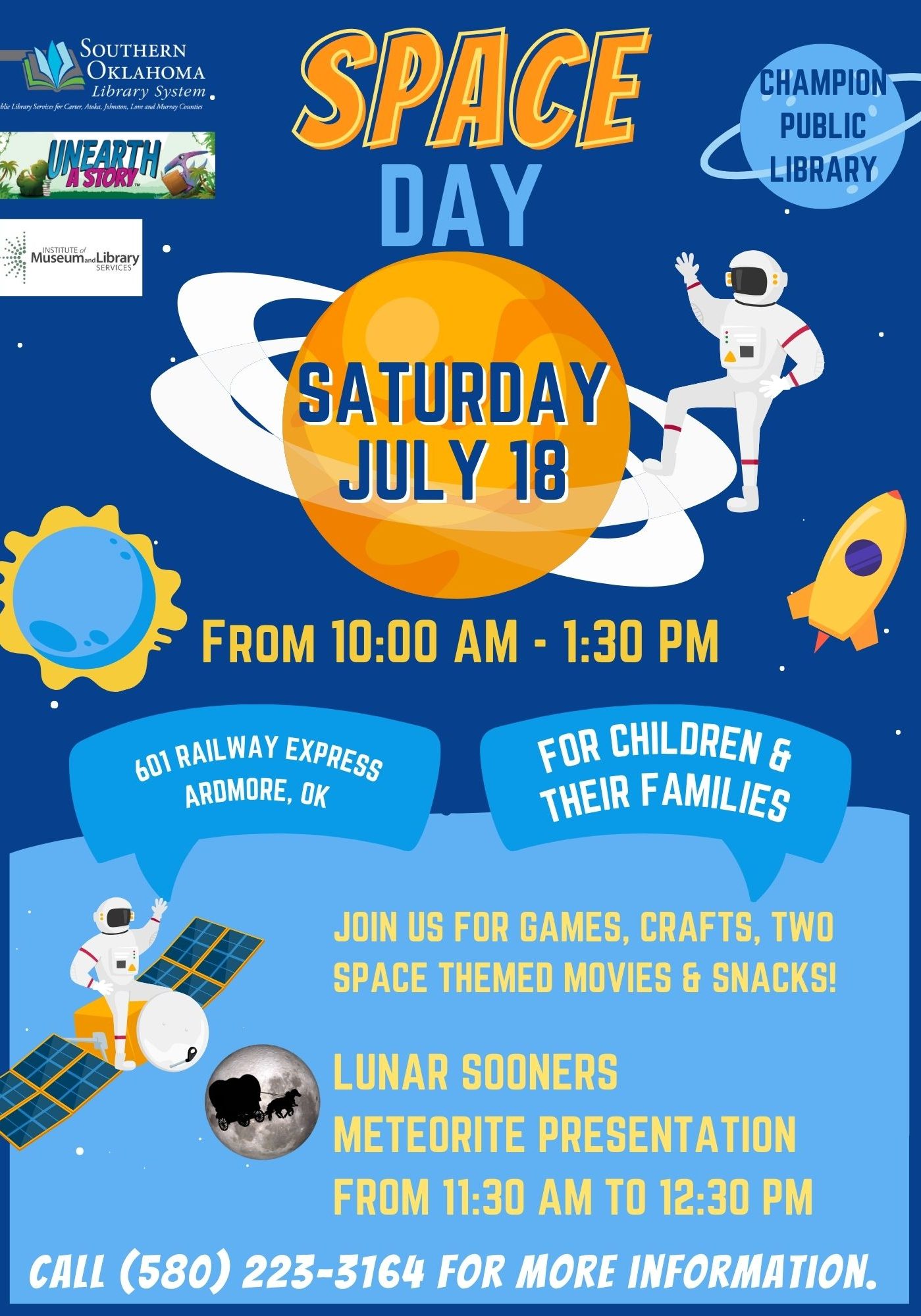 Flyer for Space Day at Champion Public Library, Saturday, July 18, 10:00 AM–1:30 PM. Games, crafts, movies, snacks, and a Lunar Sooners Meteorite Presentation (11:30 AM–12:30 PM). Call (580) 223-3164 for details.