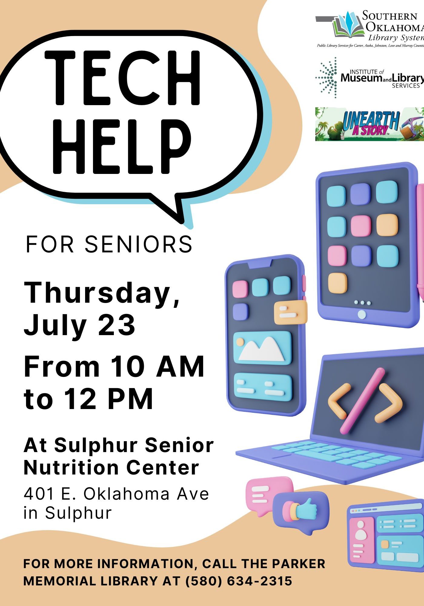 Flyer for Tech Help for Seniors, Thursday, July 23, 10 AM–12 PM, at Sulphur Senior Nutrition Center, 401 E. Oklahoma Ave, Sulphur. Call Parker Memorial Library at (580) 634-2315 for info. Illustrated with 3D smartphone, tablet, and laptop icons.