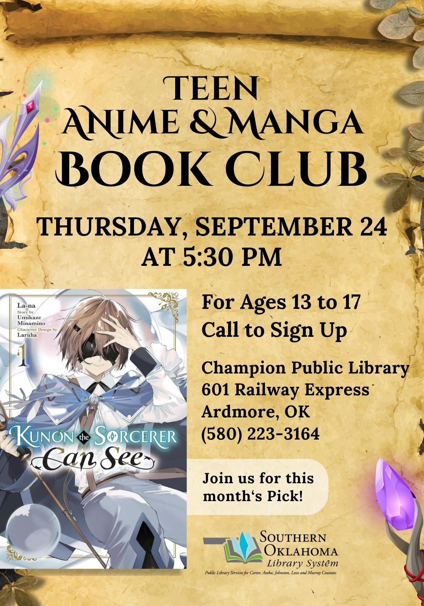 Fantasy scroll-themed flyer for Champion Public Library's Teen Anime & Manga Book Club discussing "Kunon the Sorcerer Can See" by Umikaze Minamino, Thursday, September 24 at 5:30 PM, for ages 13–17, 601 Railway Express, Ardmore, OK, (580) 223-3164, call to sign up.