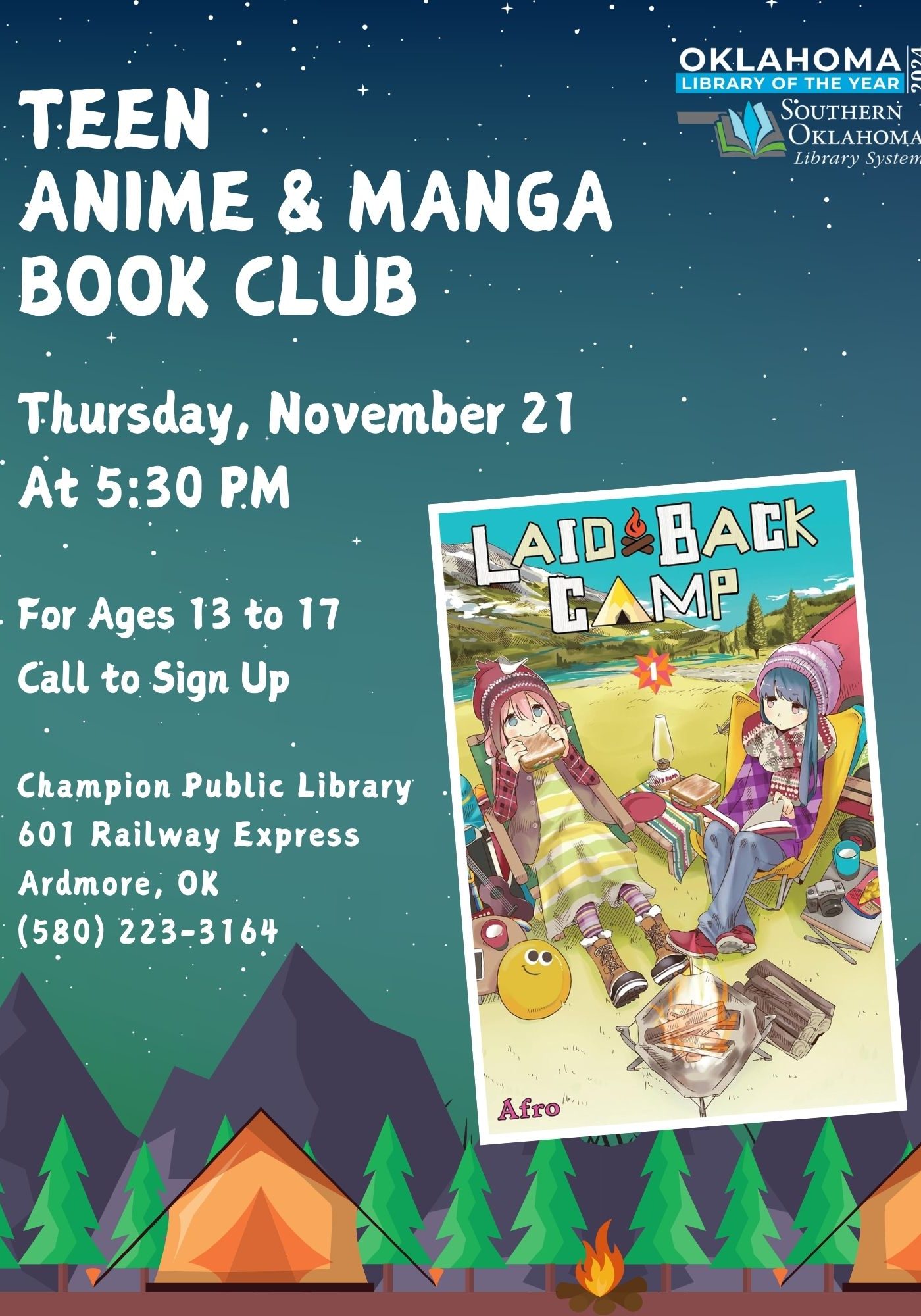 Teen A&M Book Club Laid Back Camp CPL Flyer 2024