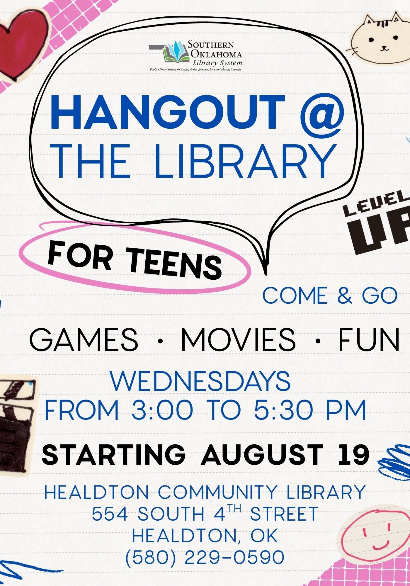 Flyer for 'Hangout @ The Library' teen program: Games, Movies, Fun. Come & Go, Wednesdays 3:00–5:30 PM, starting August 19. Healdton Community Library, 554 South 4th Street, Healdton, OK, (580) 229-0590.