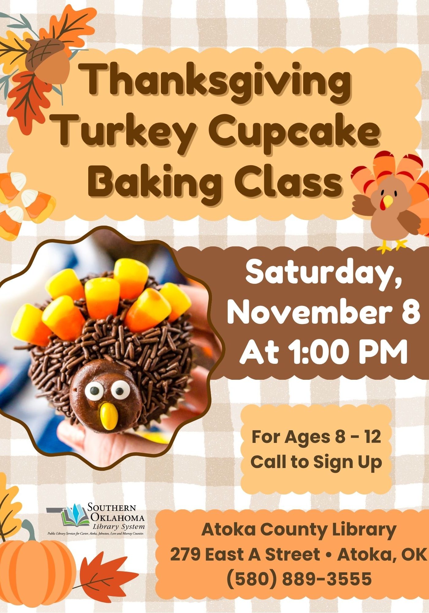 Thanksgiving Turkey Cupcake Baking Class ACL Flyer 2025