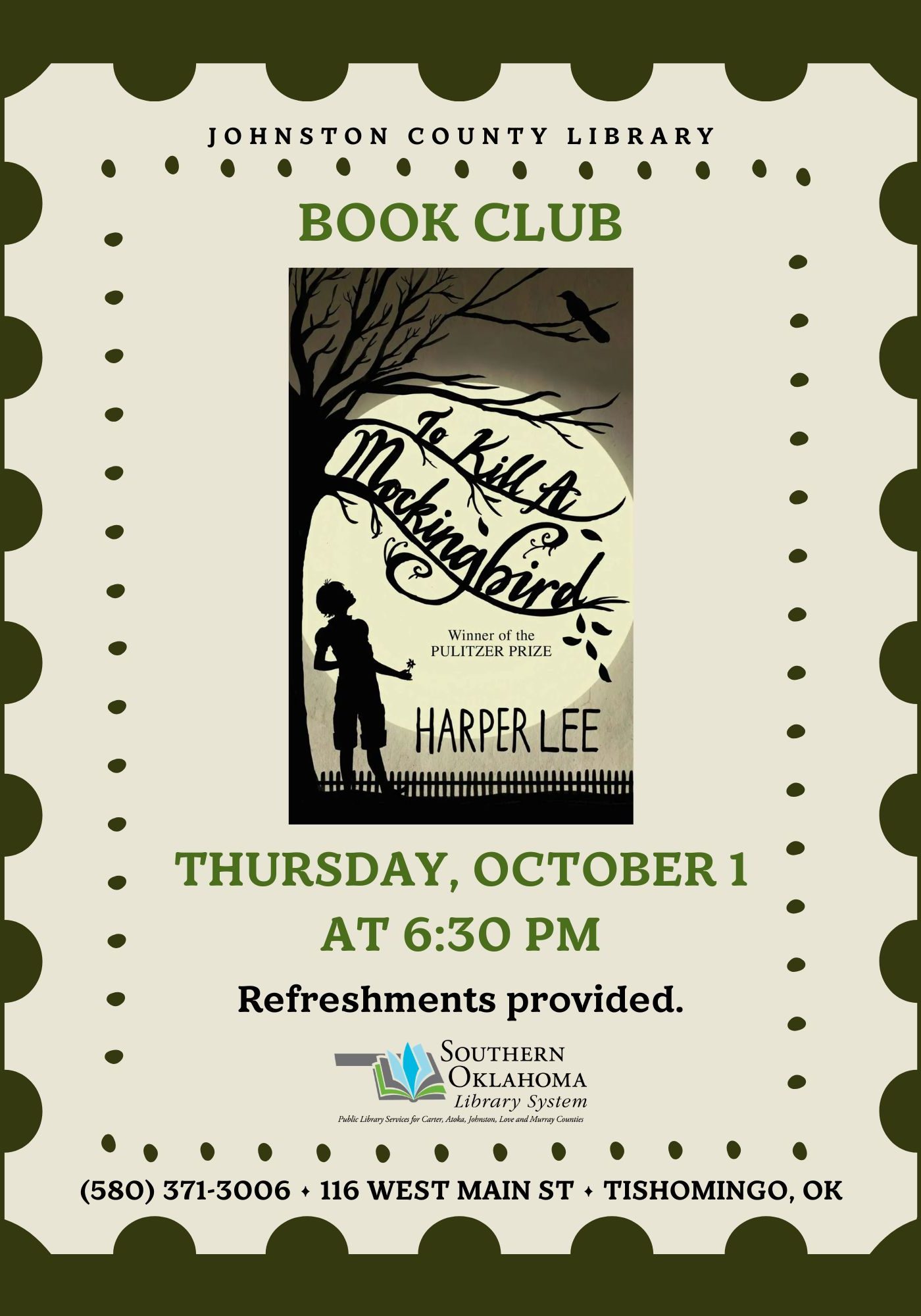 Book club flyer for To Kill a Mockingbird, Johnston County Library, Thursday, October 1 at 6:30 PM.