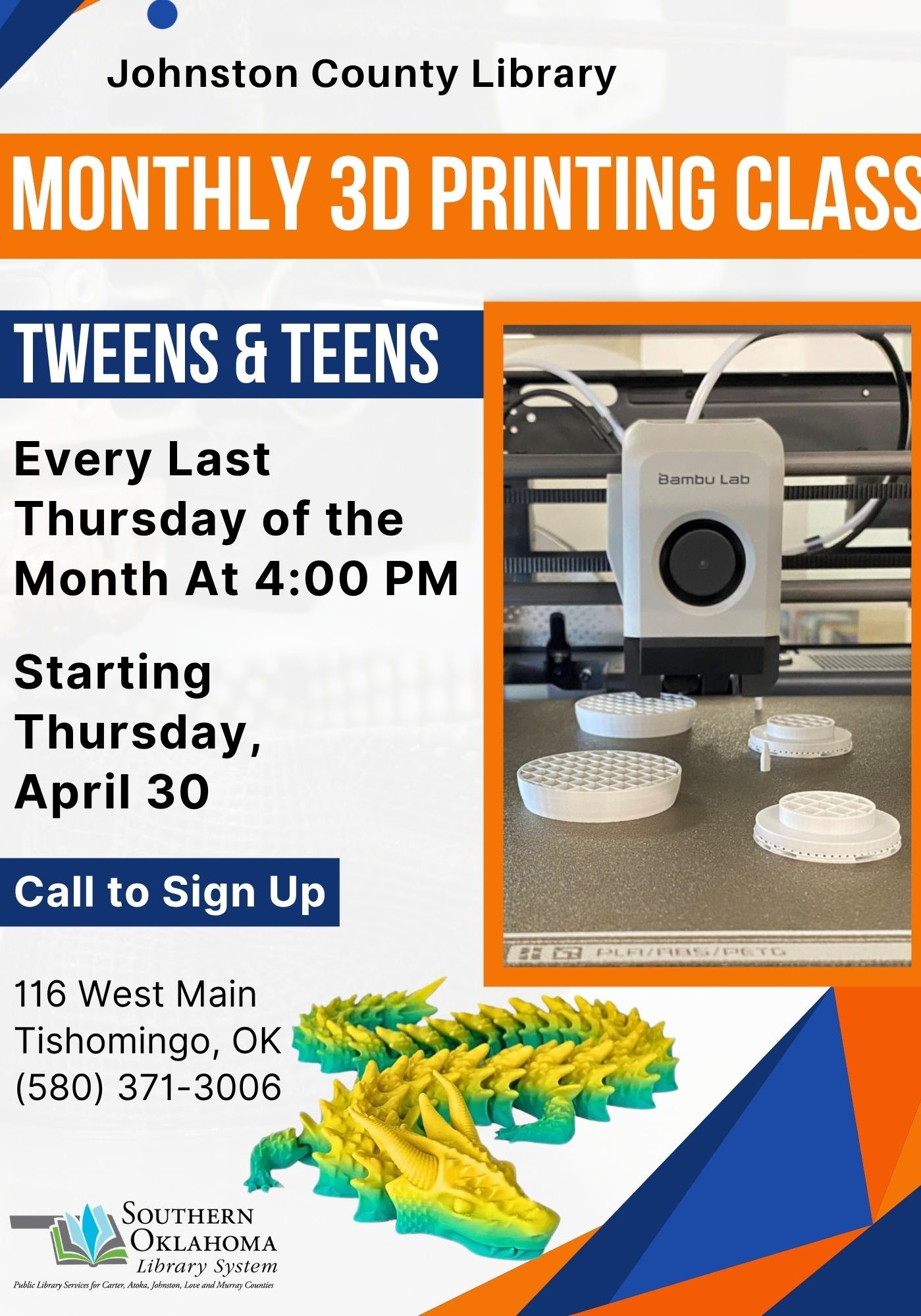 Tweens & Teens Monthly 3D Printing JCL Flyer 2026