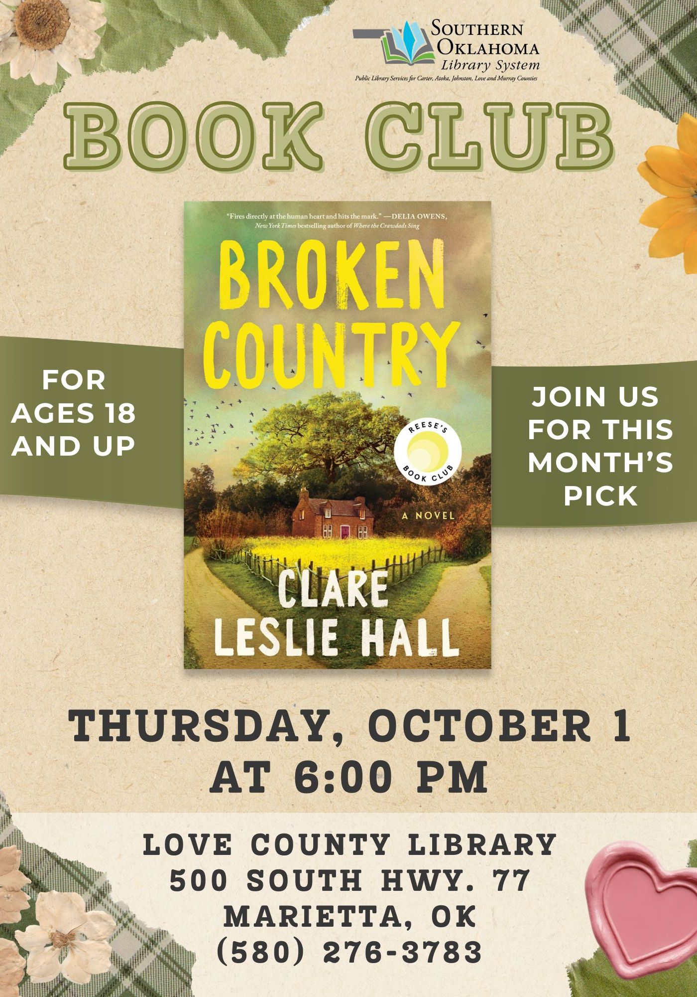 Flyer for a Book Club discussion of Broken Country by Clare Leslie Hall, for ages 18 and up. Thursday, October 1 at 6:00 PM, Love County Library, 500 South Hwy. 77, Marietta, OK, (580) 276-3783.