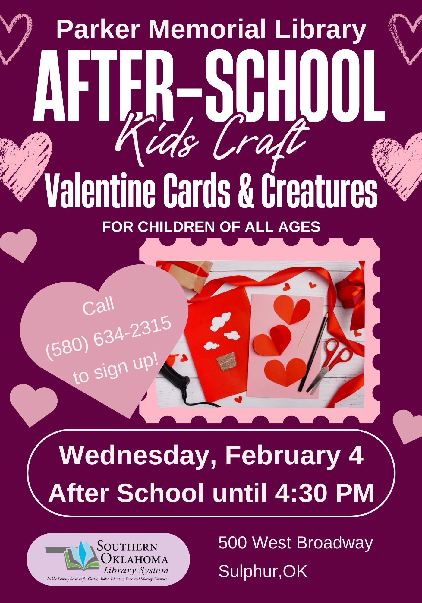 Valentine Cards and Creatures Craft for Kids PML PR Flyer