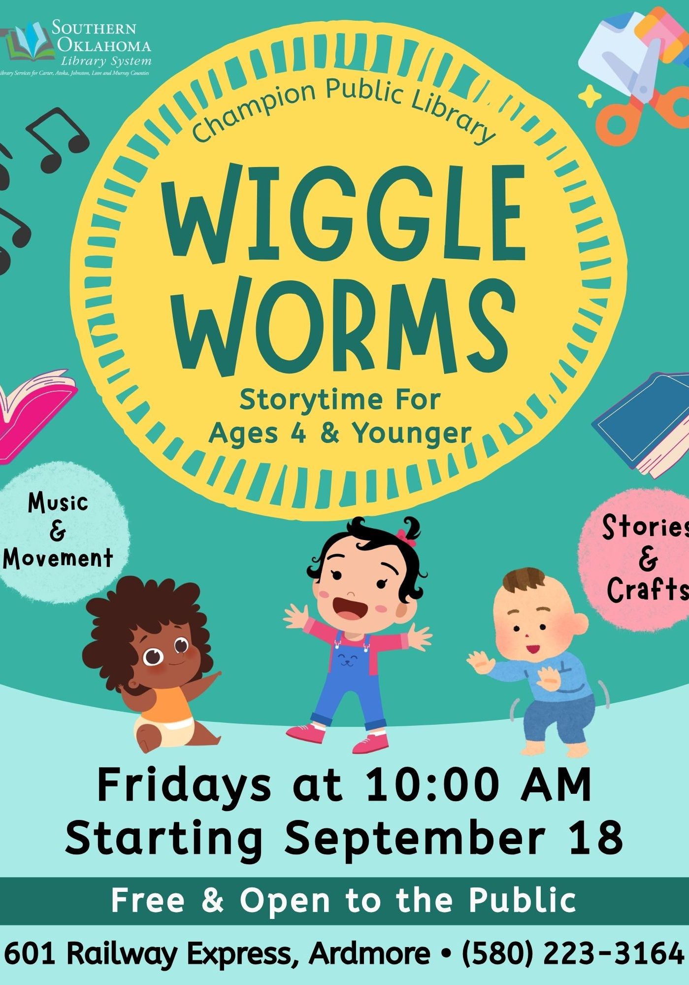 Teal-colored flyer for Wiggle Worms Storytime at Champion Public Library, for ages 4 and younger, Fridays at 10:00 AM starting September 18, with illustrations of toddlers and text bubbles reading "Music & Movement" and "Stories & Crafts."