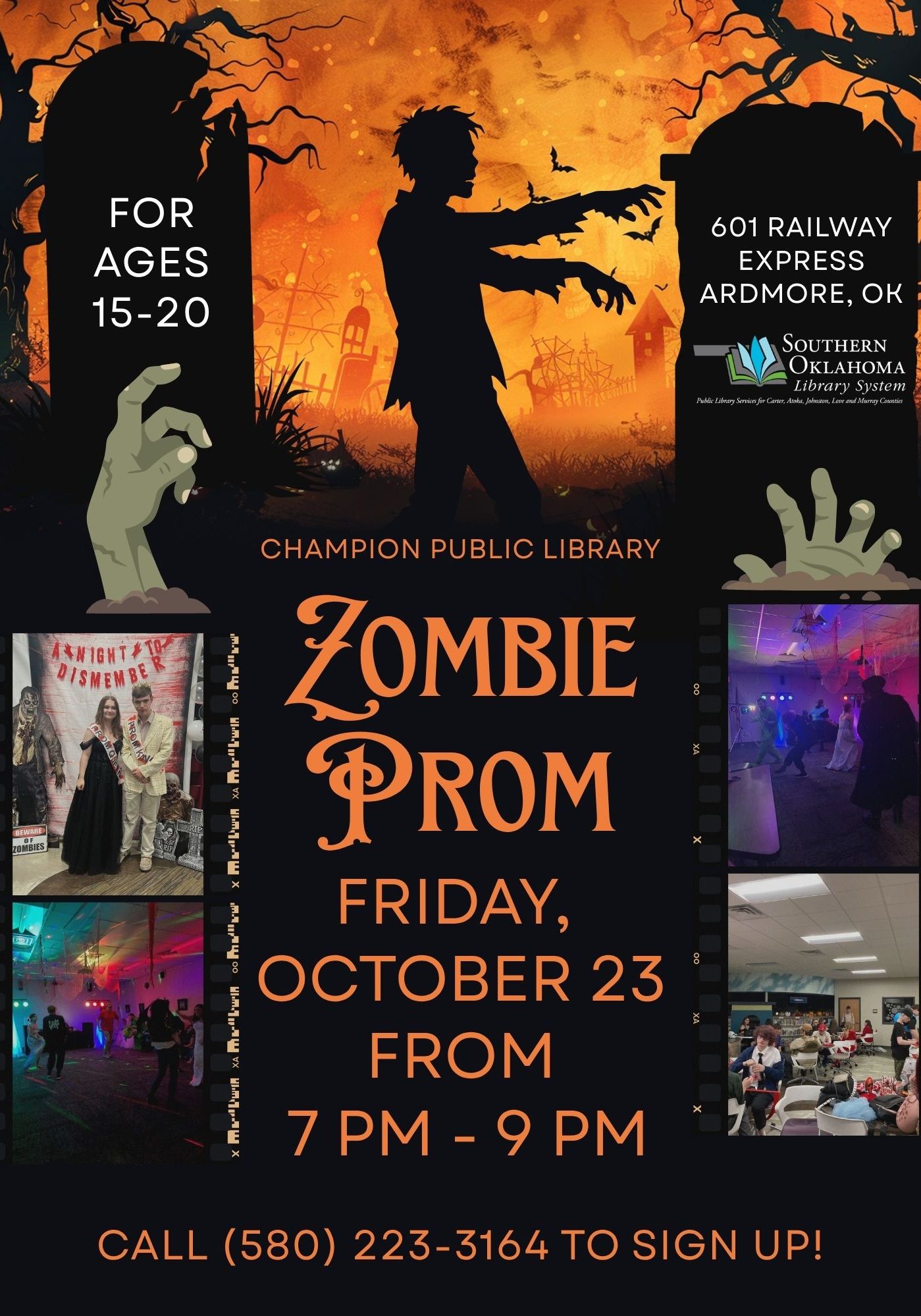 Flyer with a zombie silhouette between tombstones and photos from a past prom. Champion Public Library, Friday, October 23, 7-9 PM. Ages 15-20. Call to sign up.