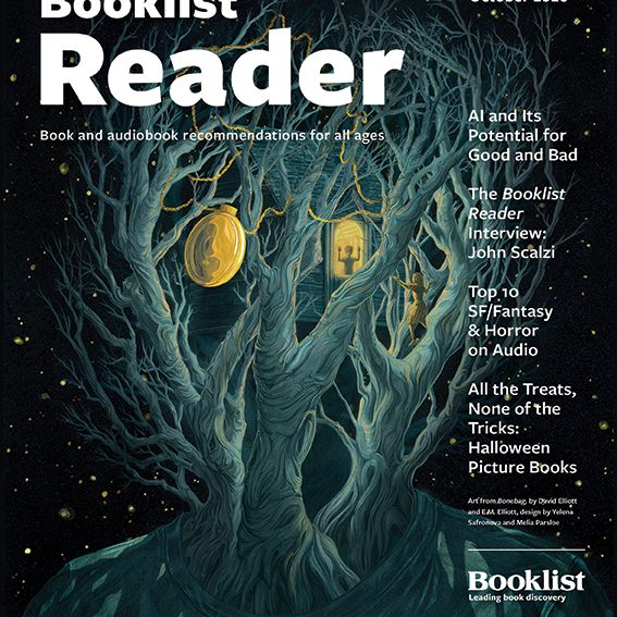 Cover of the October 2026 issue of Booklist Reader, featuring a dark, moody illustration of gnarled, twisting tree branches growing from the shoulders of a figure, with a glowing yellow locket, a lit window, and a small figure nestled among the branches against a starry night sky.